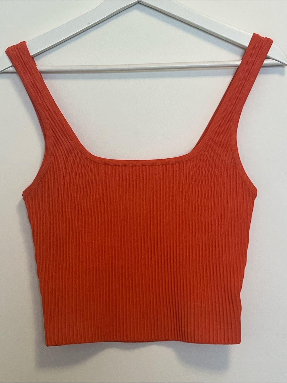 Square-Neck Ribbed Crop Tank in Coral Orange